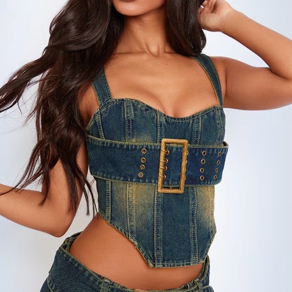 PRETTYLITTLETHING Denim Corset Buckle Top - Picture 2 of 5